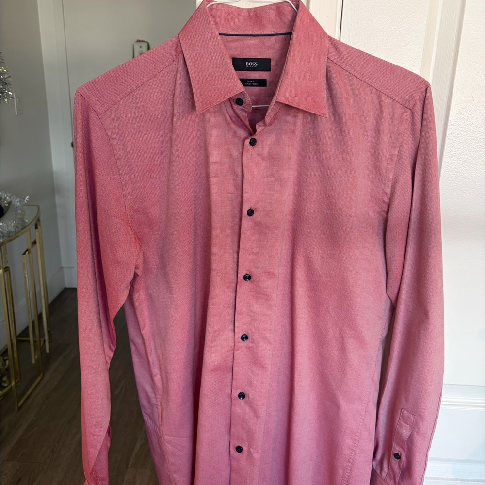 Boss Men’s Dress Shirt – Size 15.5 slim fit easy iron– Pink/Coral